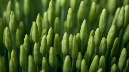 Close-up view of numerous green flower buds clustered together, not yet bloomed.

