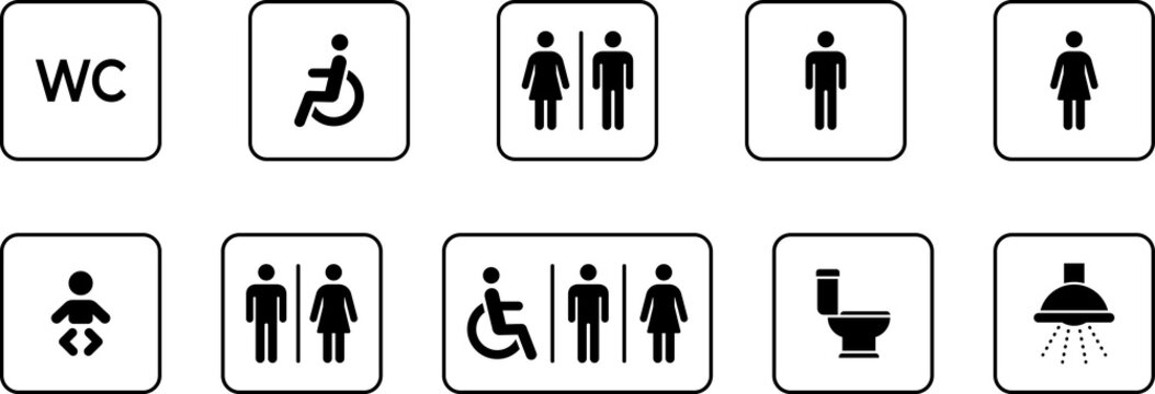 Toilet icon. WC sign. Printable sticker of toilet symbol sign with woman wc man handicapped baby icons. Restroom bathroom and change room sign. WC door plate symbol illustration.