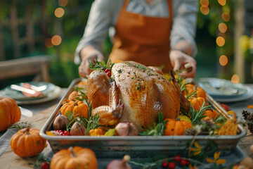 Thanksgiving feast with roasted turkey surrounded by pumpkins and herbs on a festive table