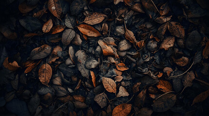 Dark macro texture of roasted coffee beans, black pepper seeds, and red pepper against a brown background for a morning drink or food.
