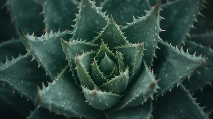 Close-up macro of a green aloe vera plant leaf in nature.