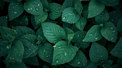 Dew drops cling to the vibrant green leaves and foliage in a close-up of nature's garden.