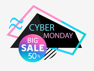 Cyber monday sale design template with colorful big sale discount tag. Vector stock illustration. Not AI