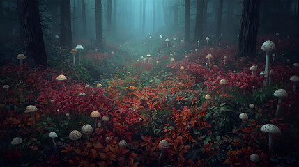 Abstract underwater bubbles with sunlight filtering through the green leaves of an autumn forest landscape.