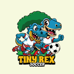 Obraz premium Cute Tirex and Raptor Football Mascot Design in Cartoon Style