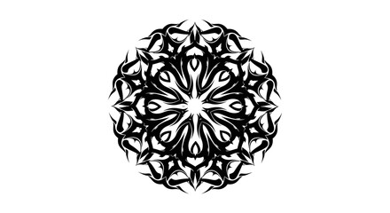 Intricate black and white floral radial symmetrical design with abstract shapes evoking nature