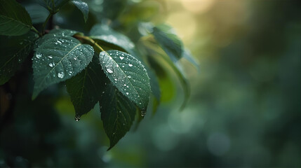 Green foliage in the garden features rain drops on a leaf, showcasing fresh nature in spring.