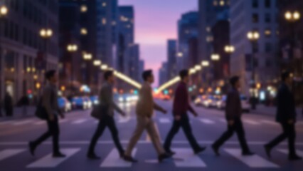Twilight city crosswalk with blurred pedestrians under glowing streetlights, crowd energy, urban motion