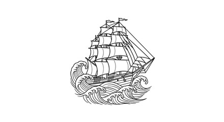 Detailed outline drawing of a majestic sailing ship battling the ocean's waves