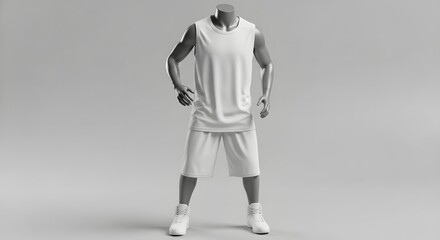 Crisp white basketball uniform displayed on a sleek mannequin, perfect for sportswear mockups and active lifestyle promotions