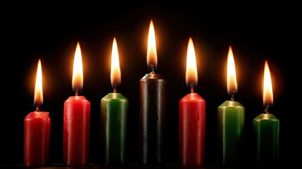 Seven Kwanzaa candles in arc formation with warm glowing flames, three red one black three green, dramatic low-key lighting and cinematic macro look symbolizing African heritage, unity and celebration