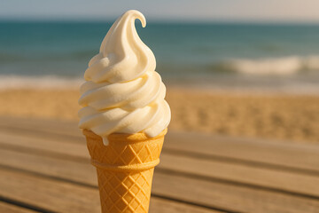 Delicious vanilla soft serve ice cream cone on a wooden surface with a blurred beach and ocean background