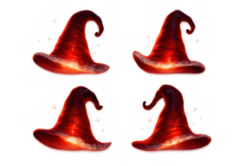 Red glowing witch hats set for halloween magic and fantasy costume, transparent background