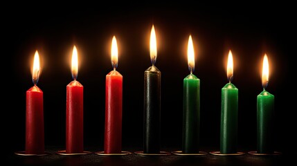 Seven Kwanzaa candles in arc formation with warm glowing flames, three red one black three green, dramatic low-key lighting and cinematic macro look symbolizing African heritage, unity and celebration