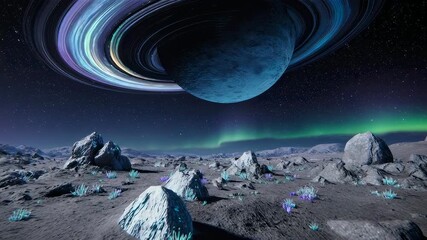 Alien Planet Landscape With Ringed Planet And Aurora Borealis In The Night Sky - Powered by Adobe