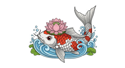 Obraz premium Detailed koi fish illustration adorned with a lotus flower in calm blue water swirls
