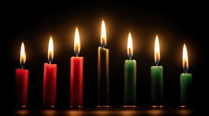 Seven Kwanzaa candles in arc formation with warm glowing flames, three red one black three green, dramatic low-key lighting and cinematic macro look symbolizing African heritage, unity and celebration