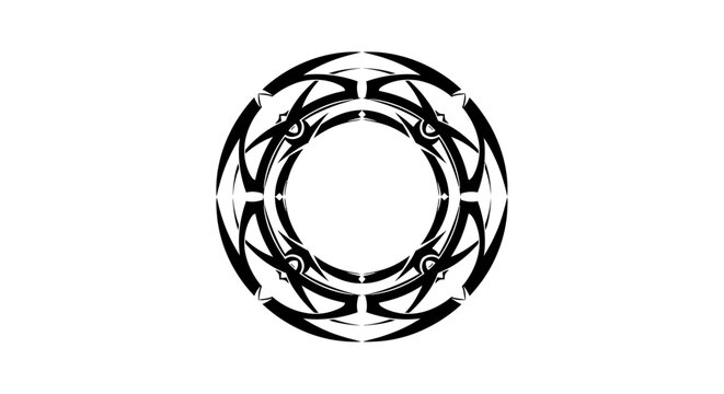 Intricate tribal ring design with symmetrical black shapes against a white backdrop