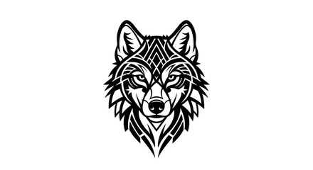 Intricate line art design featuring the head of a wolf with geometric patterns and precise symmetry