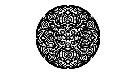Intricate monochromatic design featuring swirling patterns and geometric shapes creating a