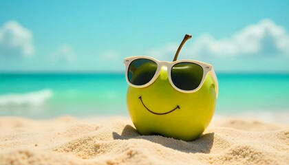 Fun summer concept of a green apple wearing sunglasses on the beach. Bright, creative, and eye-catching for lifestyle, health, and vacation themes.