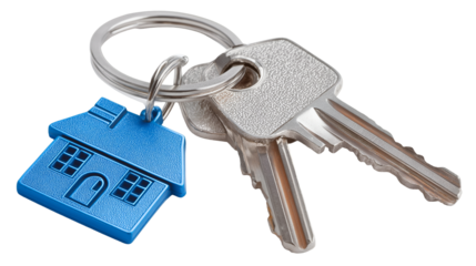 Close up of house keys with a blue house shaped key chain on a metal ring on a white background