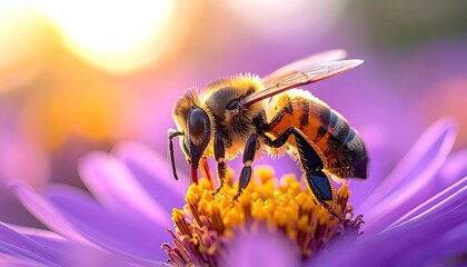Close up macro of a honey bee collecting nectar from a purple aster flower in the warm golden hour sunlight with soft bokeh background