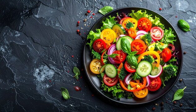 Fresh vegetable salad on black plate