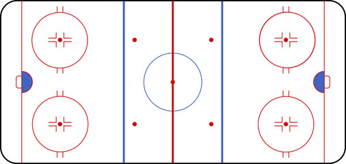 Naklejka premium Hockey rink. Hockey field. International Ice Hockey Rinks standard Dimensions and Sizes. Field hockey pitch top view illustration. Field hockey Size and Dimension Drawing Illustration.