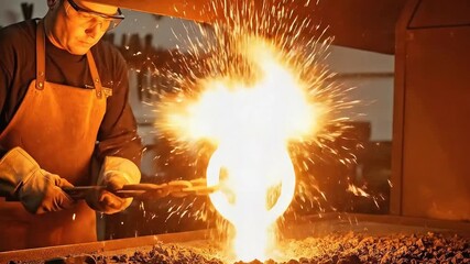Blacksmith forging a glowing metal ring in a fiery furnace. - Powered by Adobe