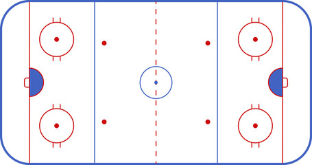 Hockey rink. Hockey field. International Ice Hockey Rinks standard Dimensions and Sizes. Field hockey pitch top view illustration. Field hockey Size and Dimension Drawing Illustration.