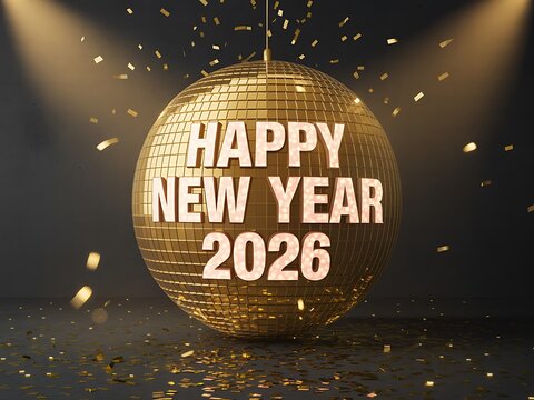 Sparkling golden disco ball illuminates festive confetti and the greeting happy new year 2026 in dramatic spotlight