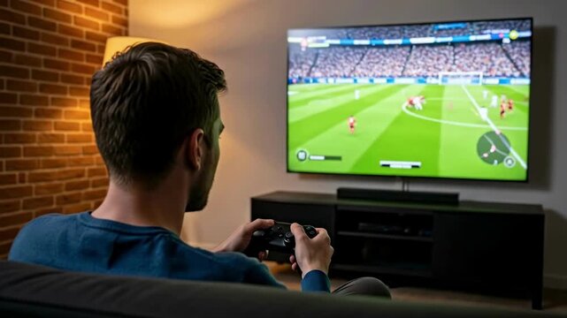 Man playing a soccer video game on a large TV in a living room, seen from behind