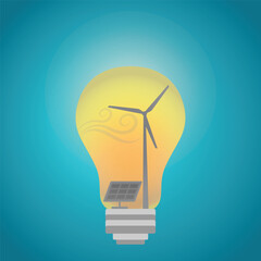 Solar panel and windmill inside lightbulb, renewable energy concept