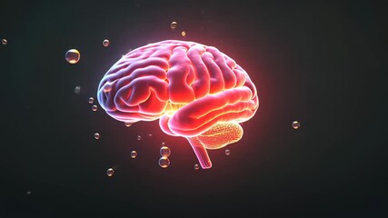 Starting neon brain pulsating and rotating in dark void with bubbles illustrating neural network - Powered by Adobe