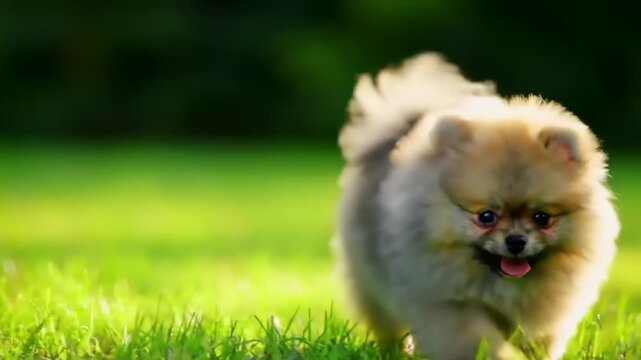 Fluffy pomeranian dog outdoors on green grass in bright sunlight