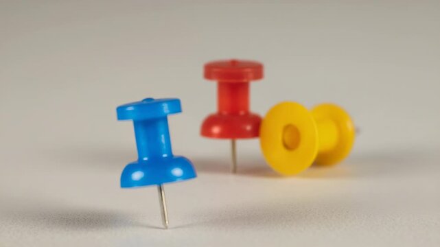 Camera focus plane gradually shifting on tabletop revealing blue red yellow push pins in succession