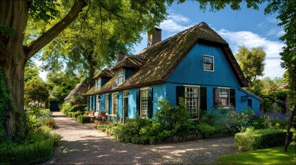 French Provincial Home. Traditional Countryside House in Holland Province with Blue Sky and Green Garden