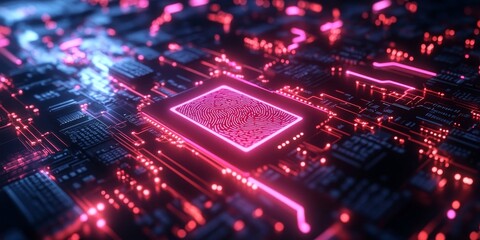 Obraz premium Biometric fingerprint technology embedded in circuits for access control and data protection. Neon circuit icons for binary diagnostic systems in cybersecurity, database privacy, Generative AI
