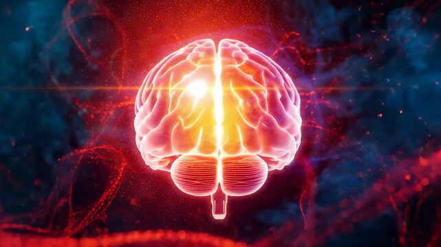 Animation showing glowing 3D brain rotating left-right with drifting fibers, showing neural flow - Powered by Adobe