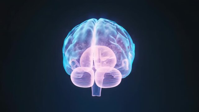 Dark backdrop initiating rotating holographic brain model for 360-degree inner structure view