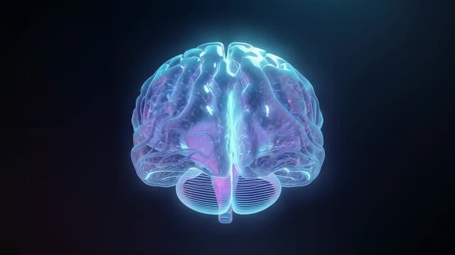 On load rotating translucent 3D brain model revealing neural signals in digital space - Powered by Adobe