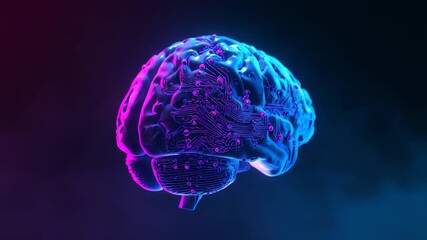 Spinning 3D brain model inside dark studio, revealing neon magenta cyan circuitry and nodal points - Powered by Adobe