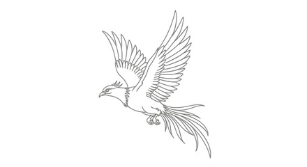 Elegant monochrome outline of a phoenix in flight, rendered with meticulous detail and ethereal