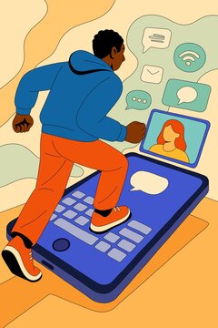 Man running on smartphone towards online chat reflecting digital communication