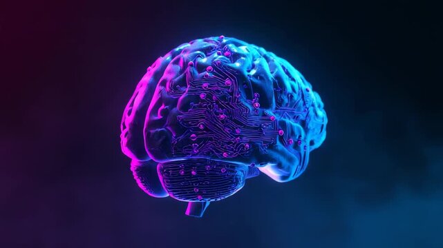 Spinning 3D brain model inside dark studio, revealing neon magenta cyan circuitry and nodal points - Powered by Adobe