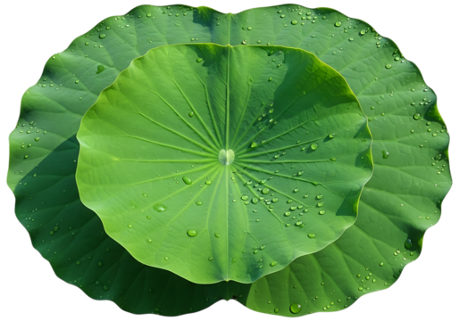 Closeup of two overlapping lotus leaves isolated on transparent background