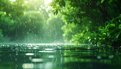 Raindrops falling on a tranquil, reflective body of water surrounded by lush, green foliage in a sunlit forest