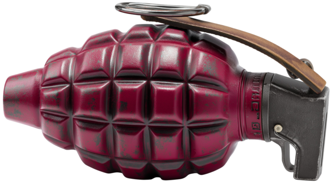 Close up of a red grenade with a silver ring and a brown lever on a black background showing details