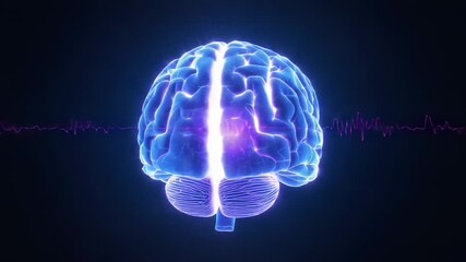 Forming 3D-rendered brain rotating in void, pulsing horizontal waveform and neural network lines - Powered by Adobe